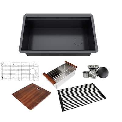 32 in. Black Stainless Steel ALL-IN-ONE Workstation 16-Gauge Undermount Single Bowl Kitchen Sink w/ Build-in Ledge Accessories