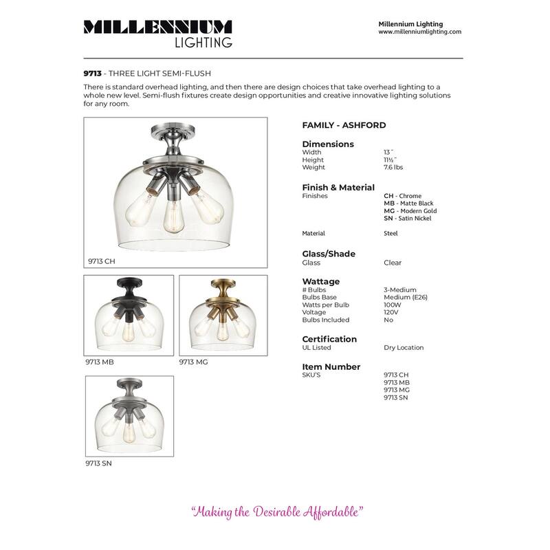 Millennium Lighting Ashford 3 Light Semi-Flush Ceiling Fixture in Multiple Finishes with a Clear Glass Shade