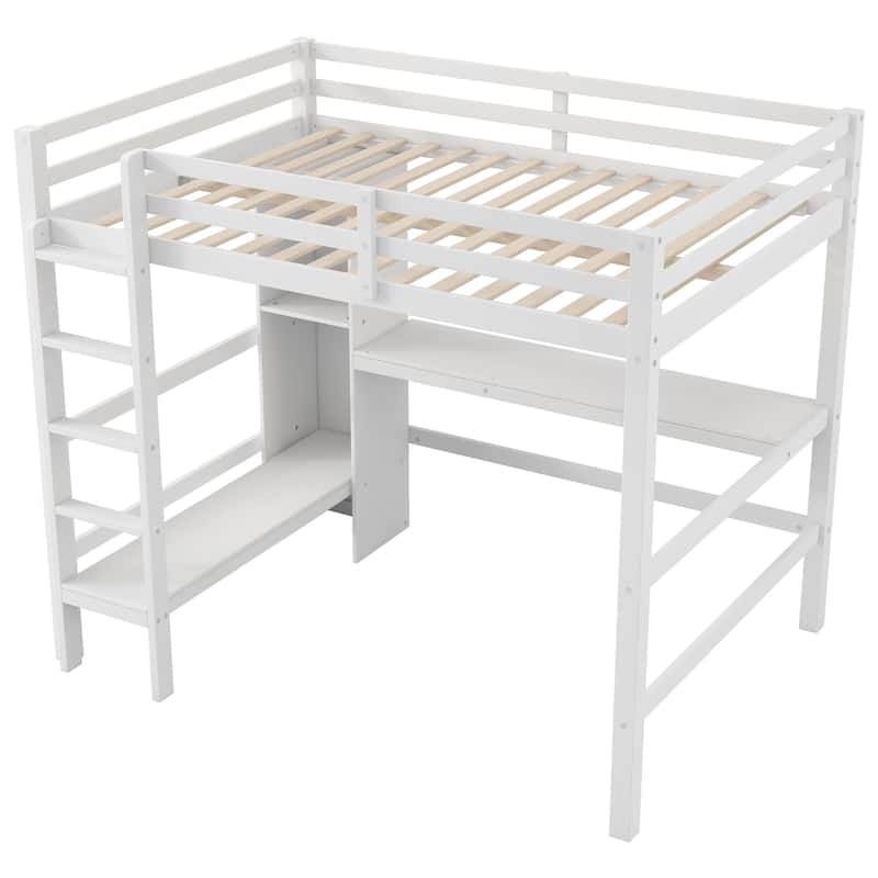 Full Size Loft Bed Wood Bed Frame Built-in Desk and Multifunctional Shelves No Box Spring Needed for Kids Teens Students