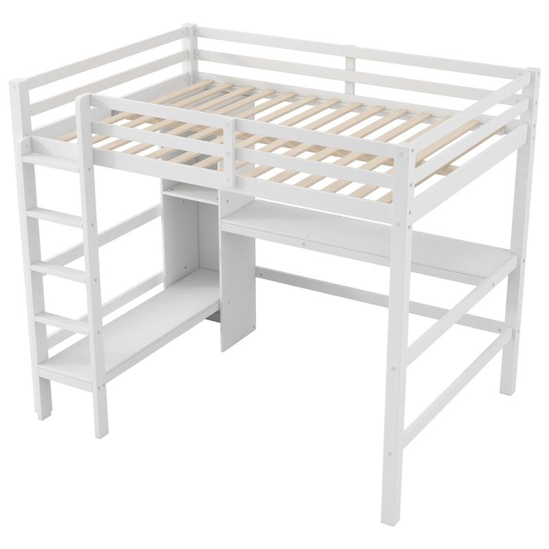 Full Size Loft Bed with Multifunction Shelves and Under-bed Desk