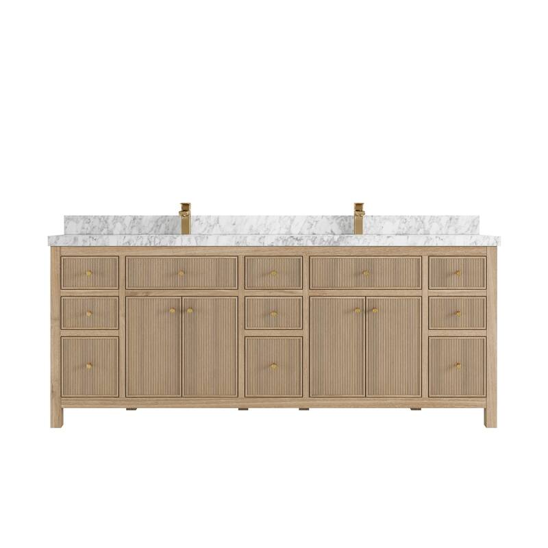 Willow Collections 84 in. W x 22 in. D Sonoma Teak Double Sink Bathroom Vanity with Countertop - 2” Carrara Marble - Distressed Light Graywashed 