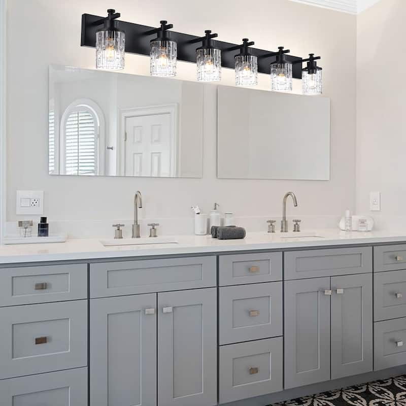 5-Light Bathroom Lighting, Modern Black Vanity Light Fixture Over Mirror, Industrial Fixture with Clear Grid Glass