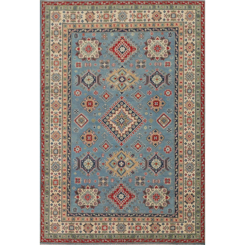 Light Blue Kazak Area Rug Handmade Oriental Wool Carpet - 6'8" x 9'10"