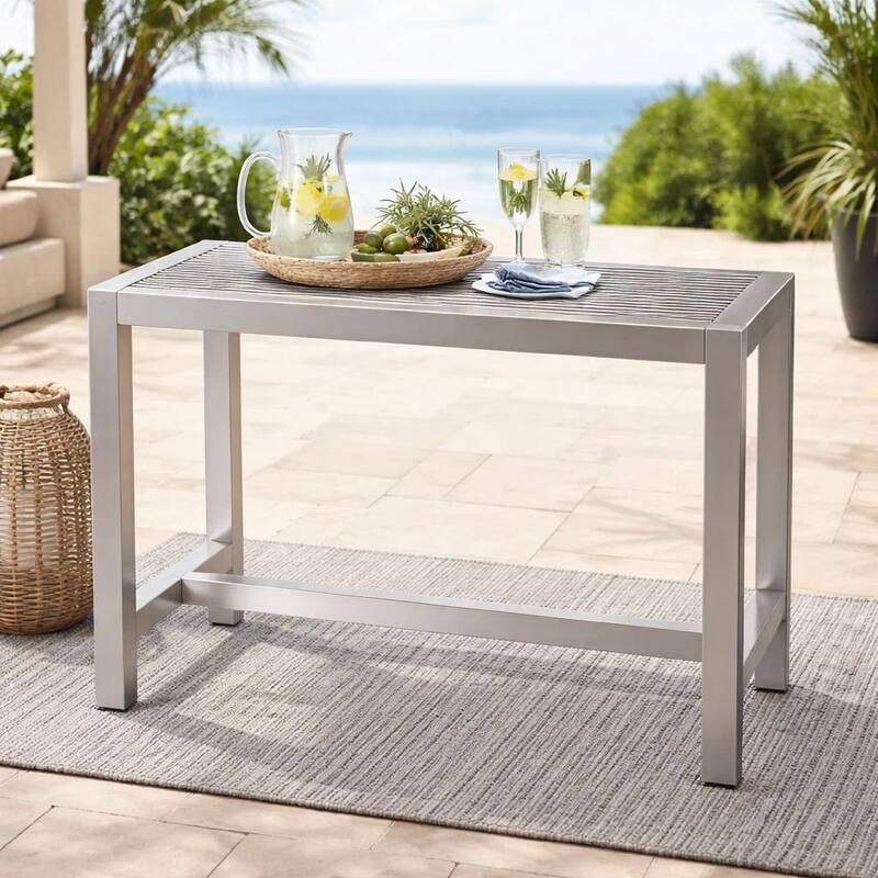 Kylo 59 Inch Outdoor Bar Table, Gray Aluminum Frame, Plank Surface, Large