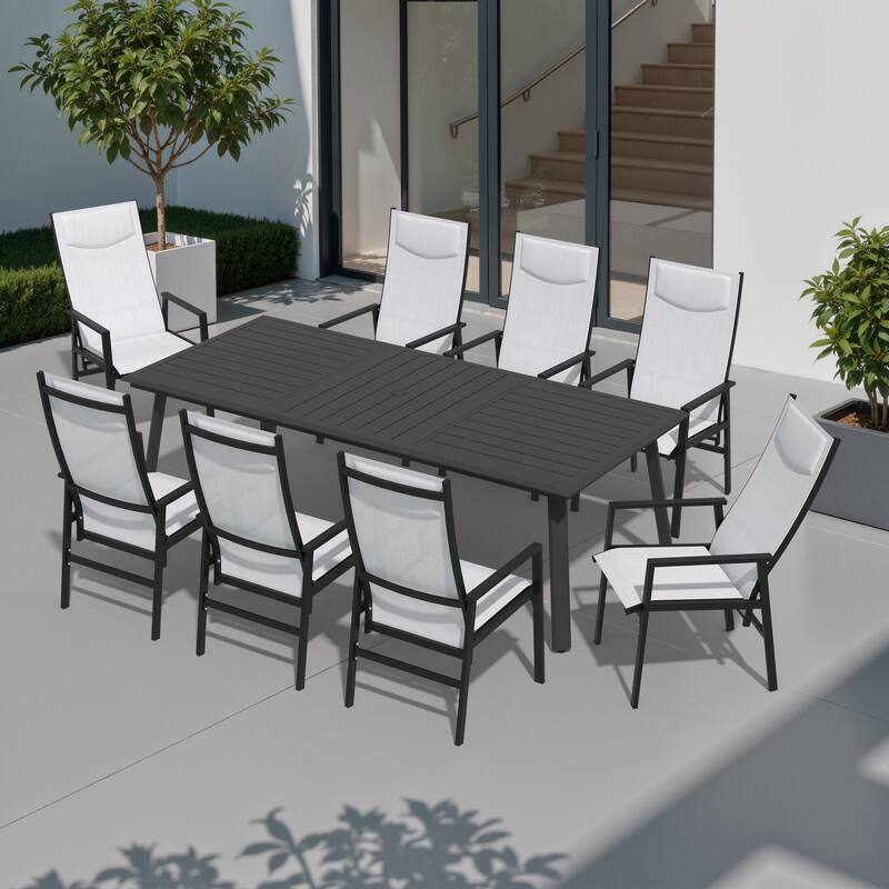 7/9 Piece Dining Set Aluminum Dining Table with Umbrella Hole and Folding Pneumatic Angle Adjustable Back Chairs