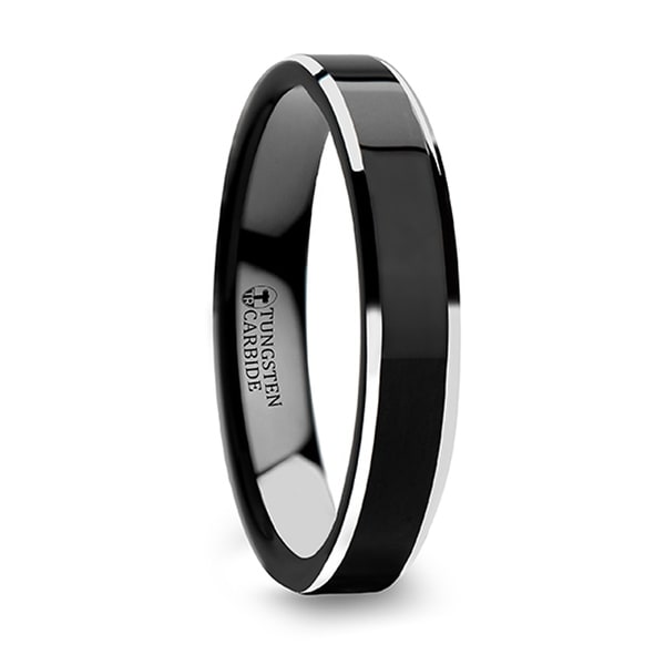 THORSTEN - MACLAREN Black Polish Finished Center Tungsten Carbide Ring with Metallic Beveled Edges - 4mm
