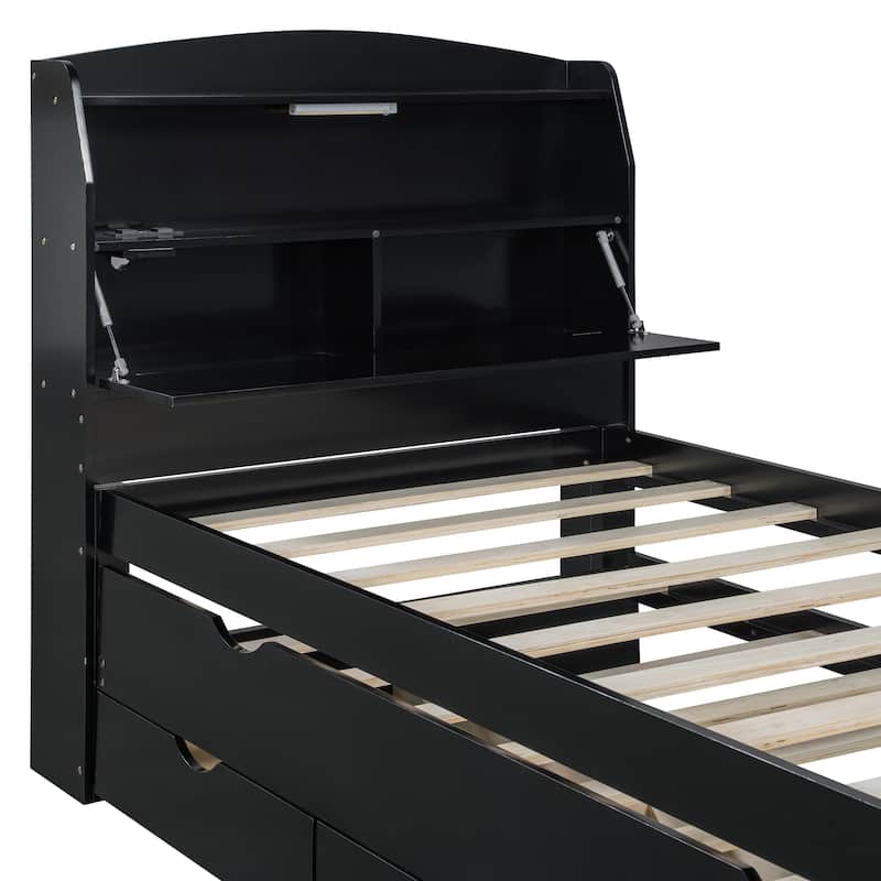 Wooden LED Platform Bed Frame with Pull Out Trundle, Drawers and Storage Headboard