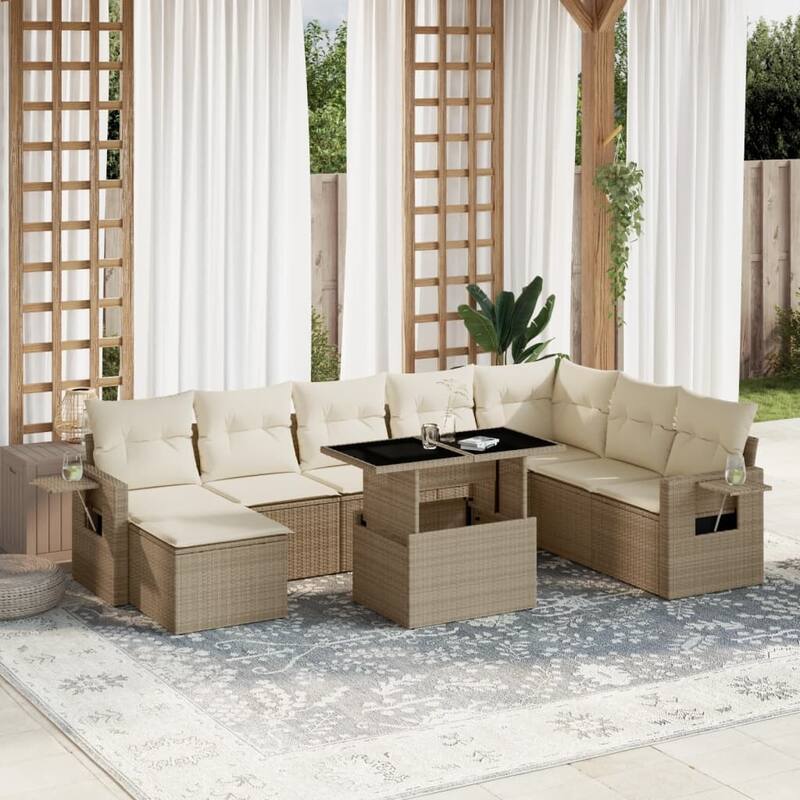 vidaXL Patio Sofa Set with Cushions Outdoor Furniture 9 Piece Poly Rattan - Beige and Cream-without storage - 21.7 x 39.4 x 28.7