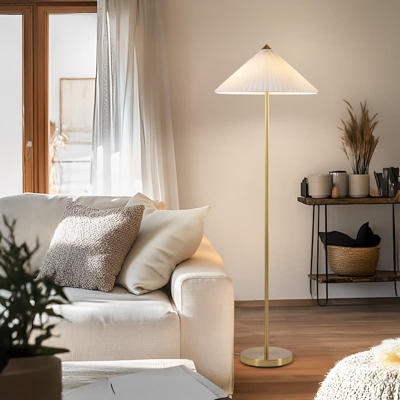 Brightech Sienna 62.5 in Antiqued Brass Mid-Century 2-Light 10W 550Lm 3000K LED Column Floor Lamp With White Linen Empire Shade