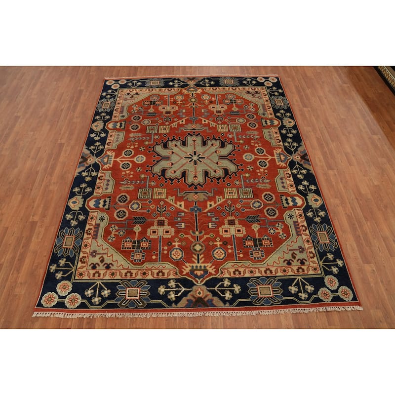 Hand-knotted Traditional Wool Orange Geometric Oriental Area Rug - 9' 11'' X 7' 11''