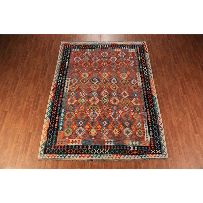 Geometric Kilim Area Rug Flatweave Oriental Orange Wool Carpet - 8'5"x 11'3"