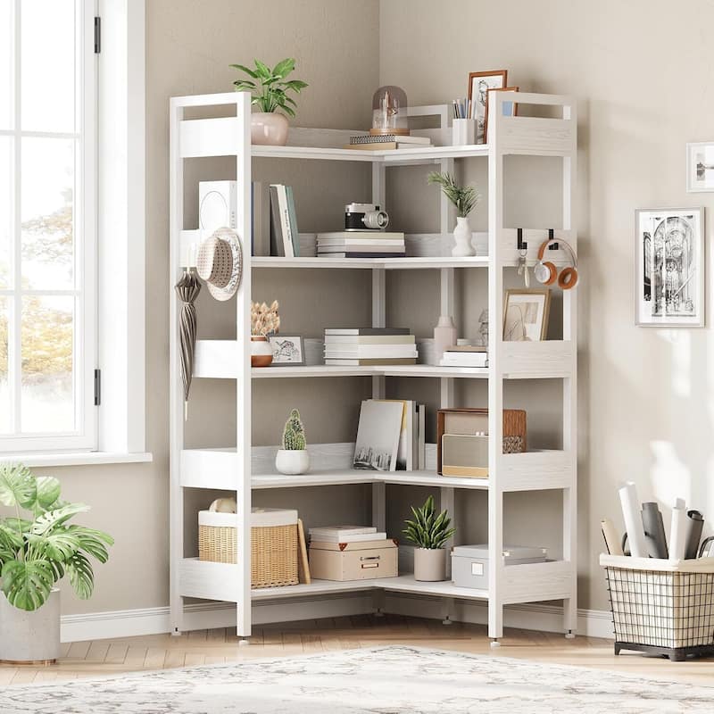 5-Tier Corner Convertible Bookshelf, Industrial Bookcase for Living Room, Bedroom - White