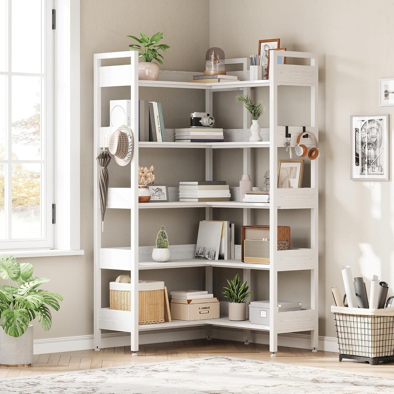5-Tier Corner Convertible Bookshelf, Industrial Bookcase for
