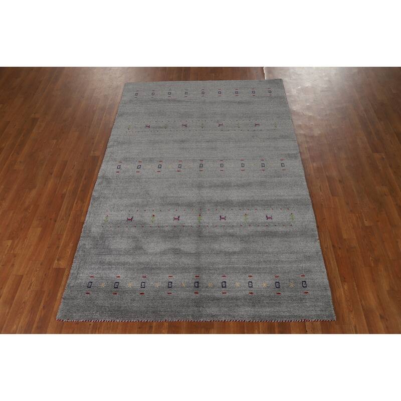 Hand Knotted Oriental 100% Wool Carpet Tribal Animal Pictorial Greys & Charcoal Gabbeh Area Rug - 7' 9'' X 5' 1''
