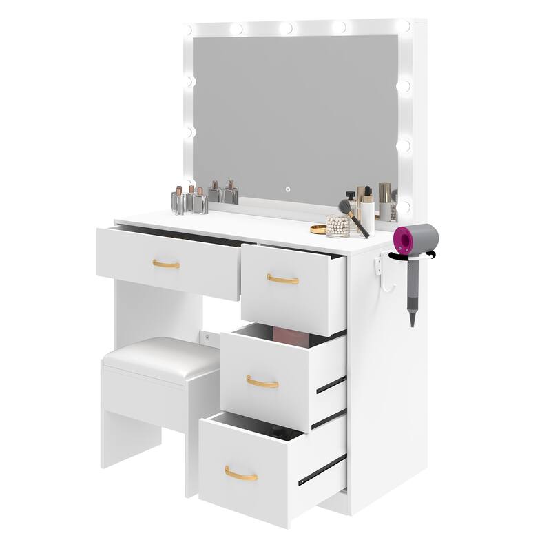 Black Vanity Desk Makeup Table Lighted Mirror Dressing - 35.4"L x 15.7"W x 53.5"H