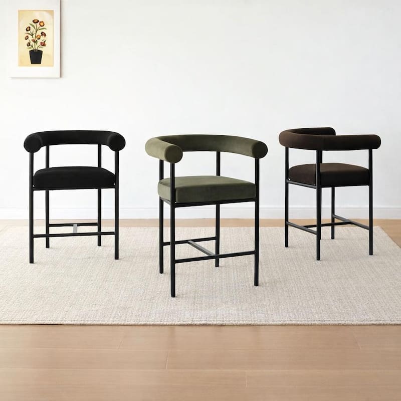 24" Seat Height Upholstered Velvet Solid Back Counter Stool with Arms