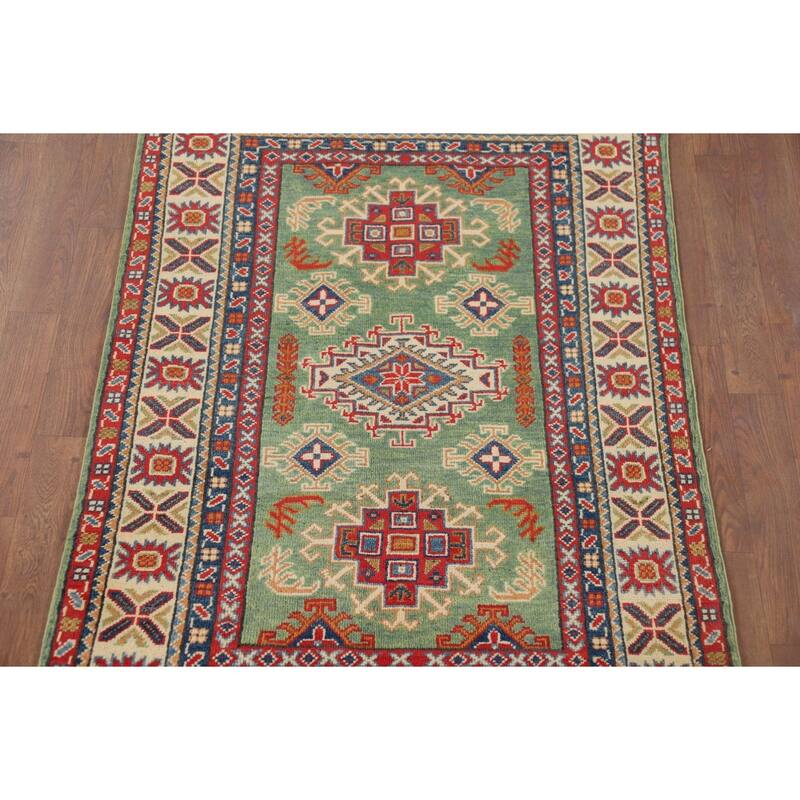 Green Geometric Kazak Foyer Rug Handmade Wool Carpet - 3'1" x 4'11"