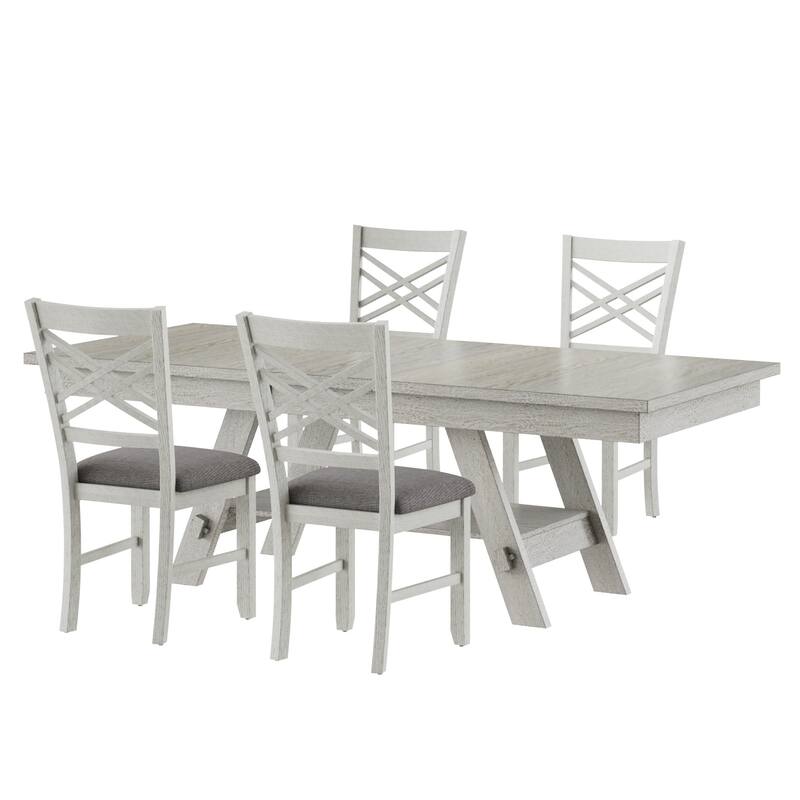 VECELO 5/7-Piece Dining Table Set, Solid Wood Rectangular Extendable Dining Table & 4 Solid Wood Dining Chairs