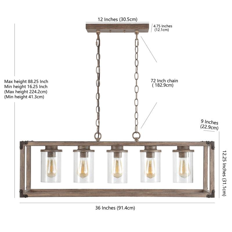Darlene 36" 5-Light Linear Adjustable Iron/Seeded Glass Rustic Farmhouse LED Pendant, Brown by JONATHAN Y