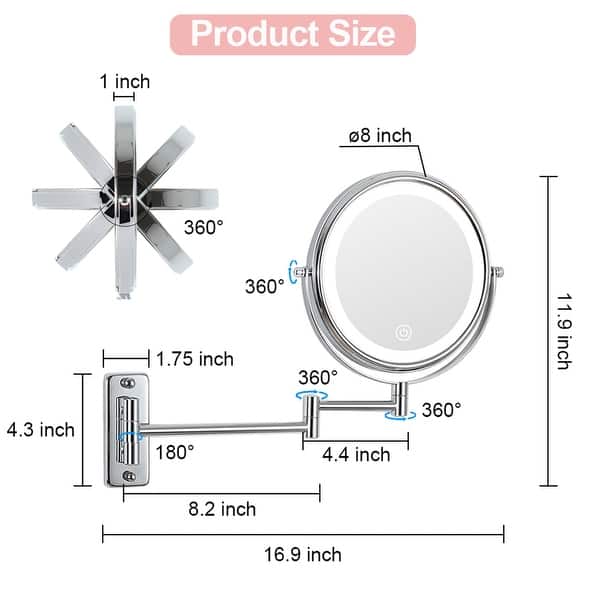 dimension image slide 4 of 5, 8 inch Double-Sided Wall Mounted 10X LED Magnifying Bathroom Mirror