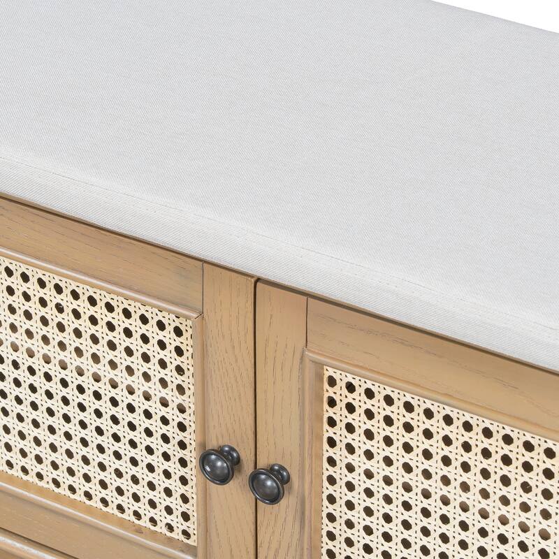 Rattan Entryway Bench with Storage, Cushioned Shoe Bench with Double Doors