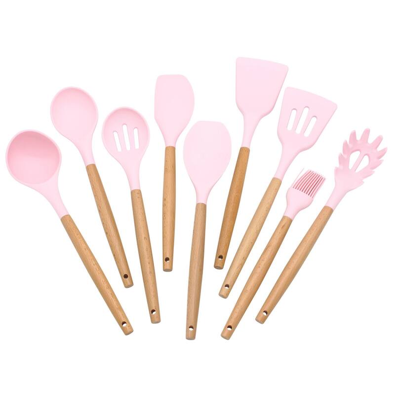 Elyon 9 Piece Colored Silicone with Wood Handles Kitchen Utensils Set - 9 Piece - Pink