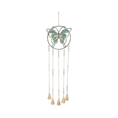Metal Glass Wind Chime Butterfly Design with Bead Accents - 31" Blue - 9" x 1" x 31"