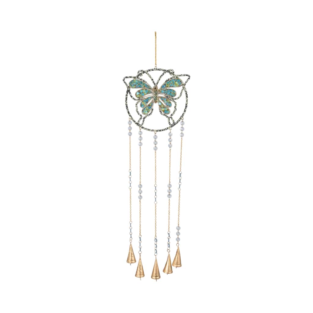 Metal Glass Wind Chime Butterfly Design with Bead Accents - 31" Blue - 9" x 1" x 31"