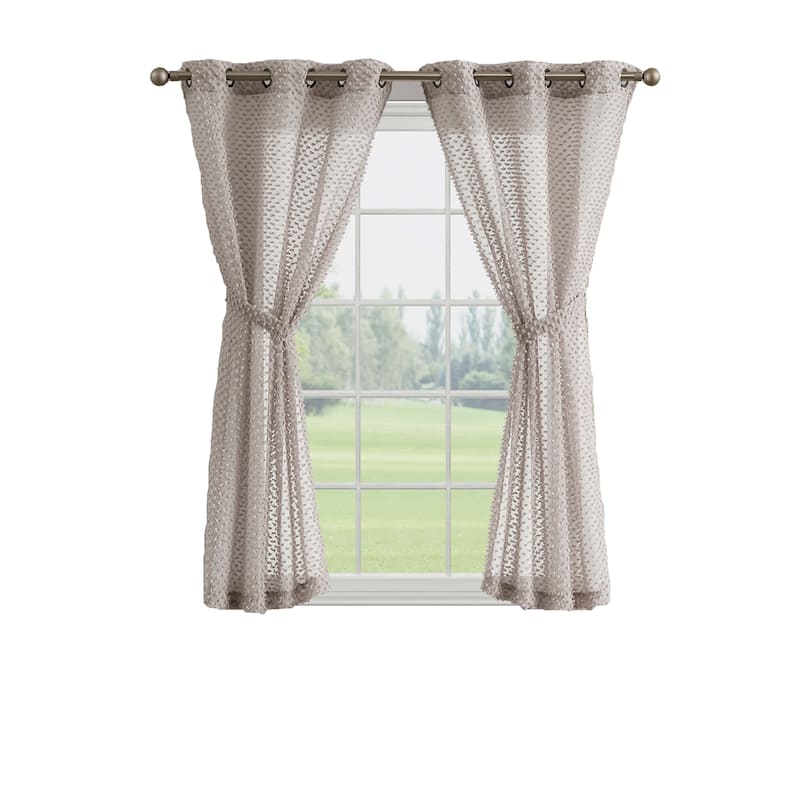 Creative Home Ideas Mia Embellished Sheer Grommet Window Curtain Panel Pair with Tiebacks,