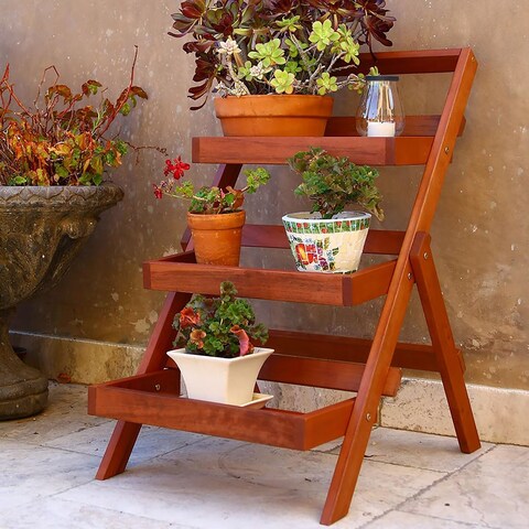 Outdoor Freestanding Foldable 3-Tier Wood Garden Plant Stand Wooden Display Shelf, Decorative Shelves