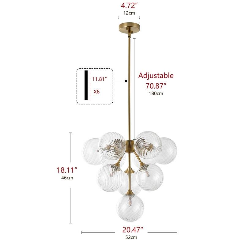 Modern 10-Light Chandelier with Swirl Clear Glass Globes and Brass Finish