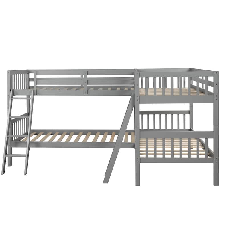 LShaped Twin Size Bunk Bed, Quad Bunk Bed with Guardrail & 2 Angle