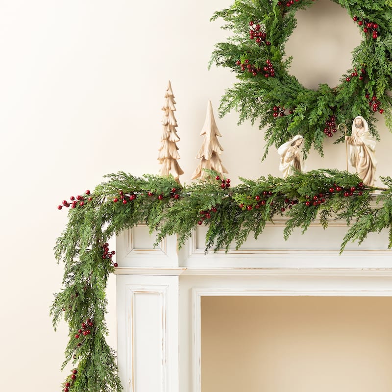 Glizthome 6FT/9FT Christmas Greenery PE Dripping Cedar Garland & 24"D Wreath with Red Berries