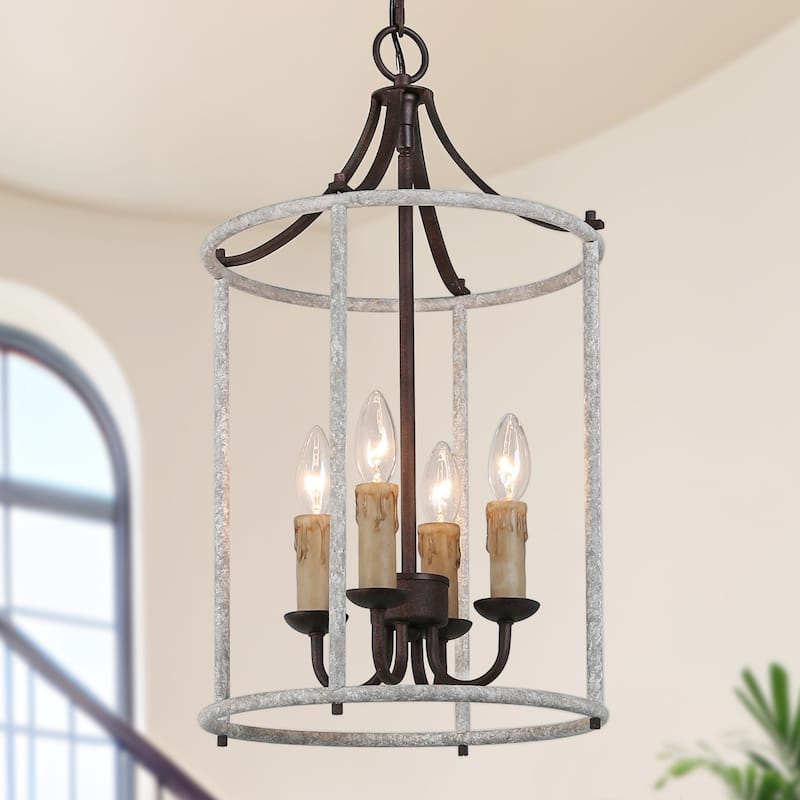 Farmhouse 4-Light Lantern Chandelier Cage Island Lights for Dining Room - D12.5"x H 23" - Weathered White Wood Grain