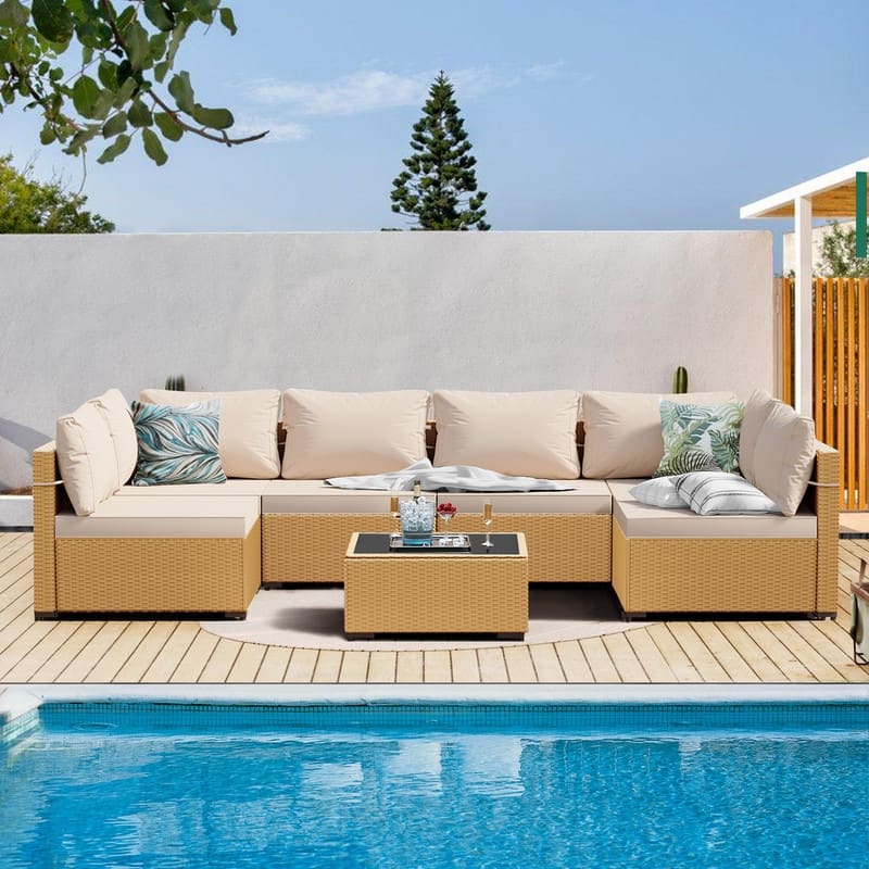 Patio Watcher 7-Piece Yellow Wicker Patio Conversation Set with Cushions