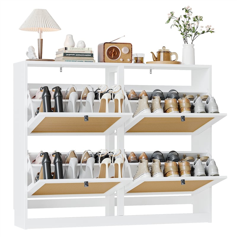 Anmytek 24 Pairs Large White Rattan Shoe Storage Cabinet with 4 Flip Drawers Narrow Shoe Storage Organizer for Entryway