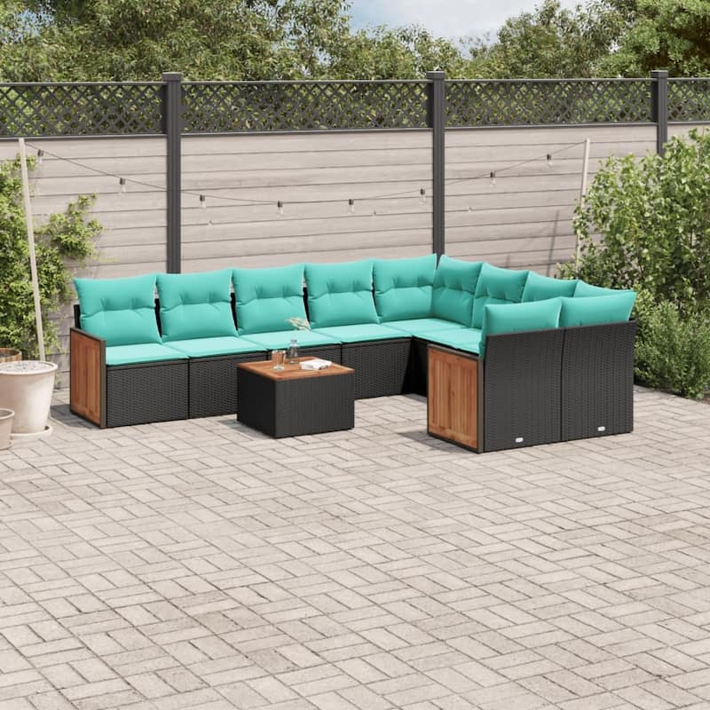 vidaXL 9 Piece Patio Sofa Set with Cushions Black Poly Rattan - 21.7x27.2x24.4-With table