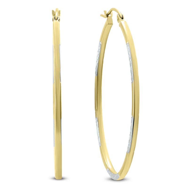 Marquee Jewels 14K Yellow Gold Two Toned Hoop Earrings with Diamond Cut Rhodium Accents (42mm)