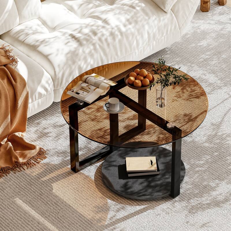 Round Amber-Tinted Tempered Glass Coffee Table Living Room Center Table with 2-Tier