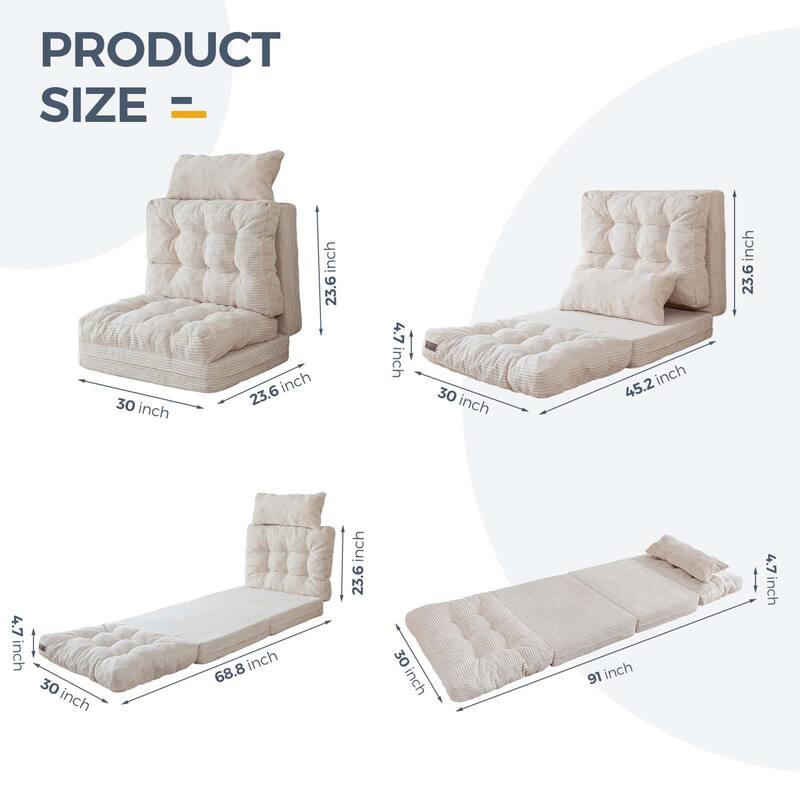 Corduroy Bean Bag Bed Tufted Folding Sofa Bed with Pillows