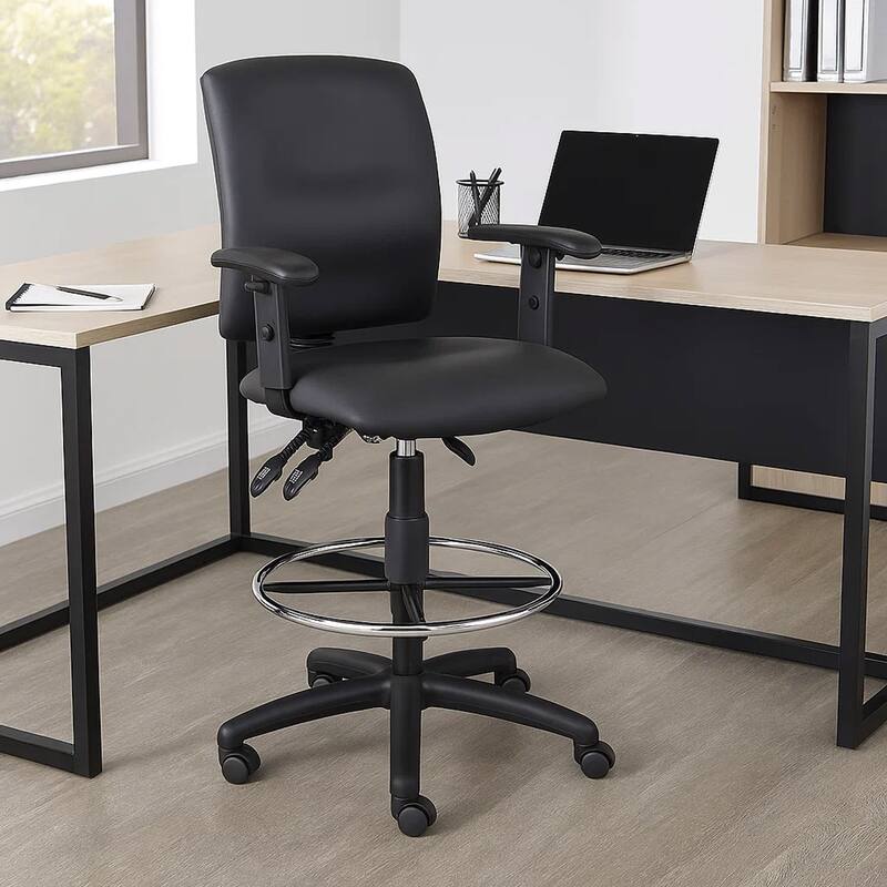 Reza Swivel Drafting Stool, Adjustable Arms, Footring, Black Faux Leather