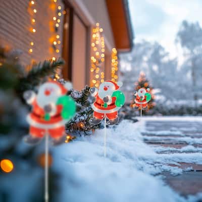 Set of 3 Lighted Holographic Santa Claus Christmas Pathway Markers 25"