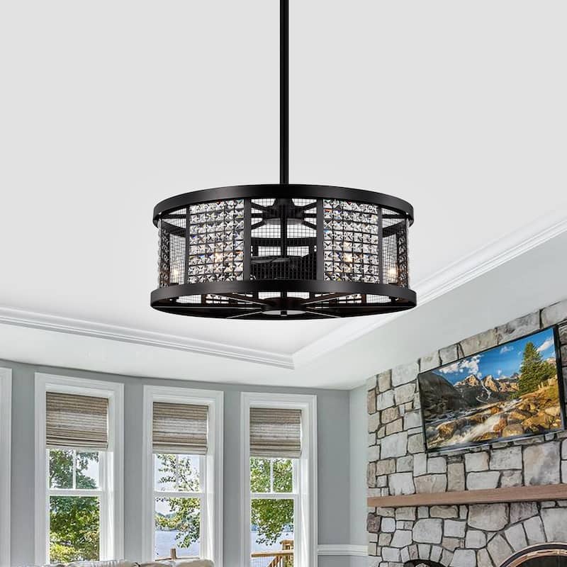 Hania Matte Black Ceiling Fan 29-Inch 6-Light Geometric Metal & Crystal Drum Shade (Includes Remote)