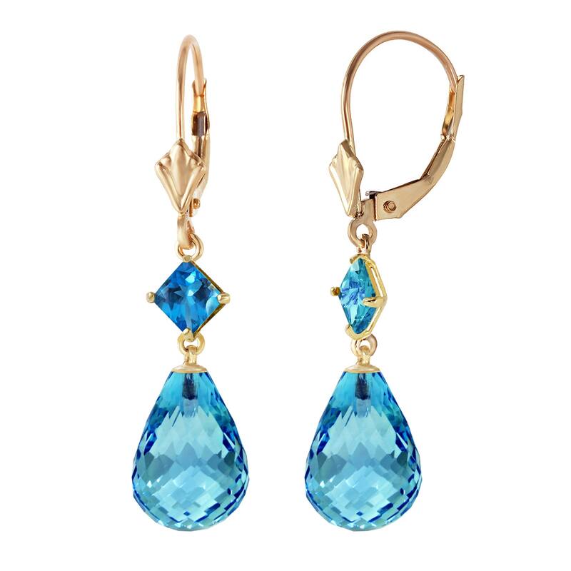 14K Solid Gold Leverback Gemstone Earrings Blue Topaz Jewelry Genuine - Yellow