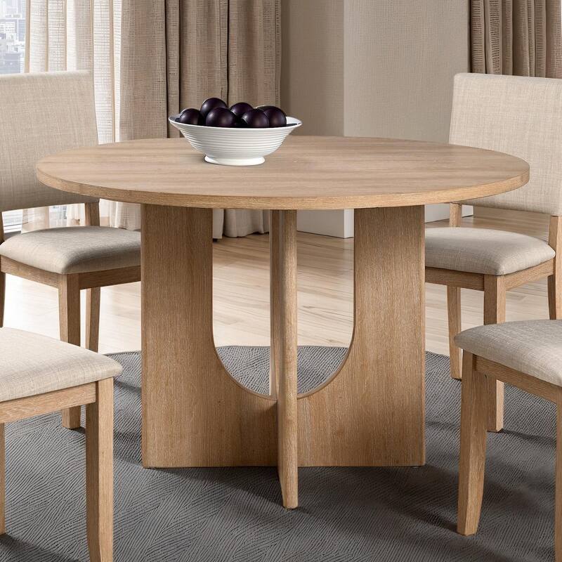 Classic 5pc Round Wooden Dining Set Upholstered Chairs and Table Natural Finish