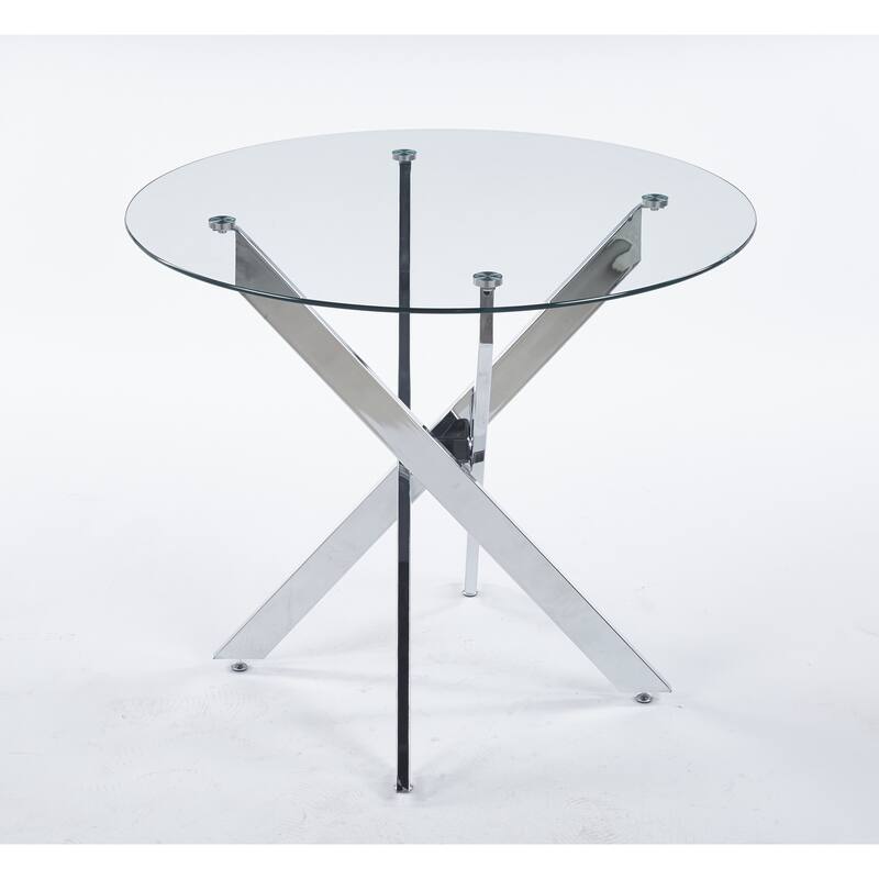 Dining Table with cross metal leg and tempered glass,Modern Space Saving Kitchen Table for Living Room,chrome legs - Chrome