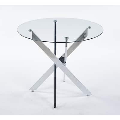 Silver-Clear Metal and Glass Adjustable Dining Table with Extendable Top - 35.43” x 35.43” x 29.6”