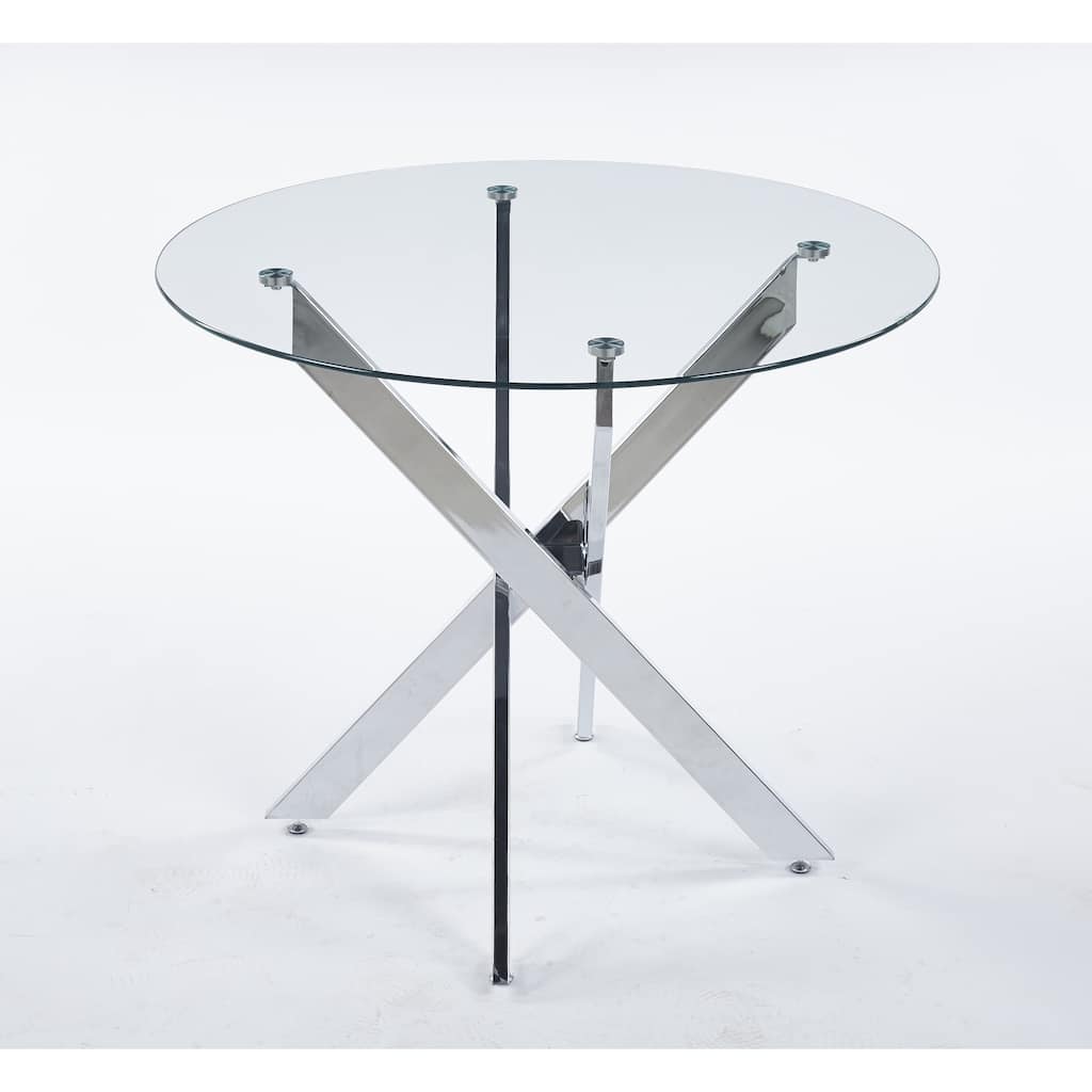 Silver-Clear Metal and Glass Adjustable Dining Table with Extendable Top - 35.43” x 35.43” x 29.6”