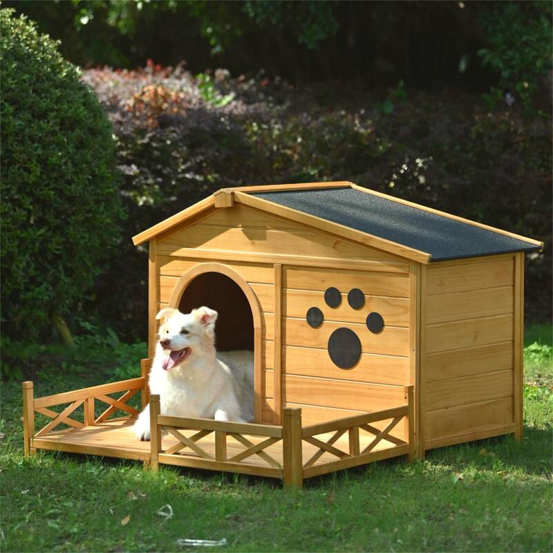Outdoor Detachable Wooden Elevated Dog House Pet House with Porch, Weatherproof, Baseboard, Suitable for Small and Medium Dogs - Yellow