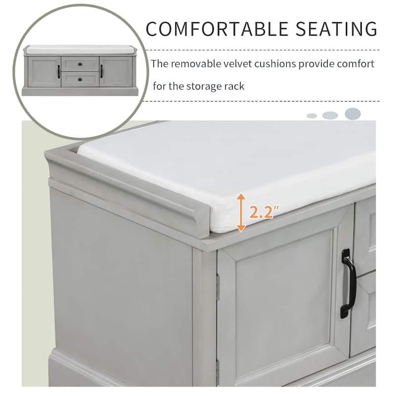 Storage Bench with 2 Drawers and 2 Cabinets, Shoe Bench Entryway Bench with Removable Cushion for Living Room, Entryway